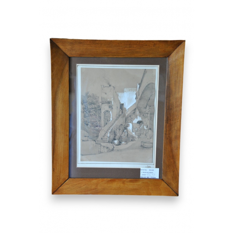  Dessin au crayon "Cour intérieure" sur  Moinat SA  - Antiquités décoration