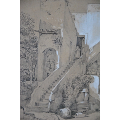  Dessin au crayon "Cour intérieure" sur  Moinat SA  - Antiquités décoration