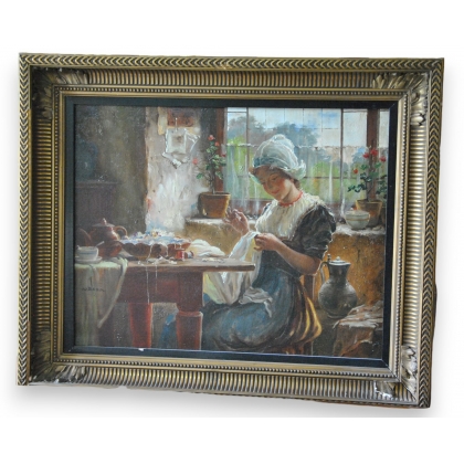 Huile sur toile \"Jeune femme cousant\"
