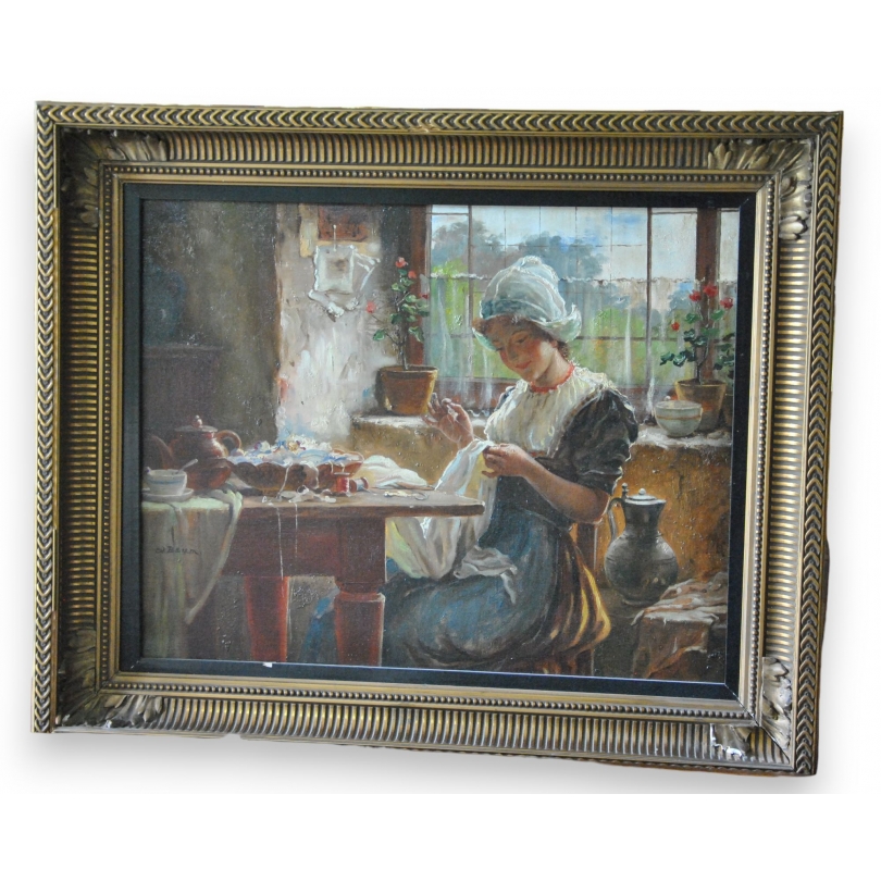 Paintings | Oil on canvas: ‘Young Woman Sewing’ by Moinat SA  – Antiques and home décor