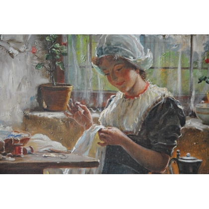 Paintings | Oil on canvas: ‘Young Woman Sewing’ by Moinat SA  – Antiques and home décor