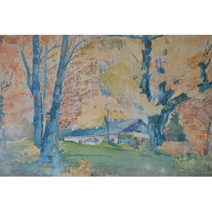 Watercolour painting ‘House in a Forest’, signed on Moinat SA – Antiques and decorative arts – Gouaches, watercolours, pastels