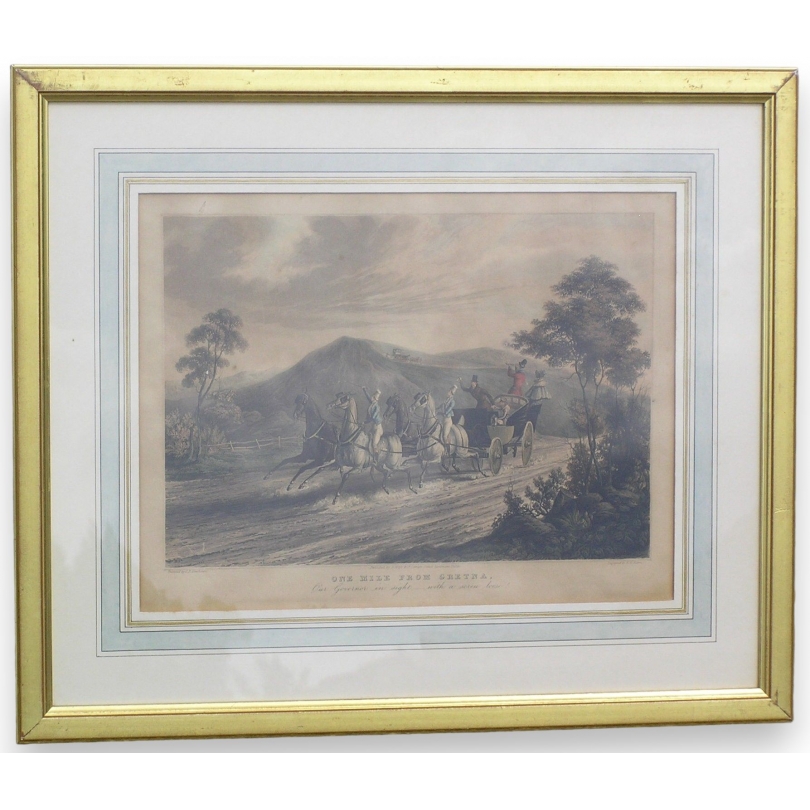 Engraving ‘One Mile From Gretna’, painted on Moinat SA – Antiques and decorative items – Engravings, lithographs
