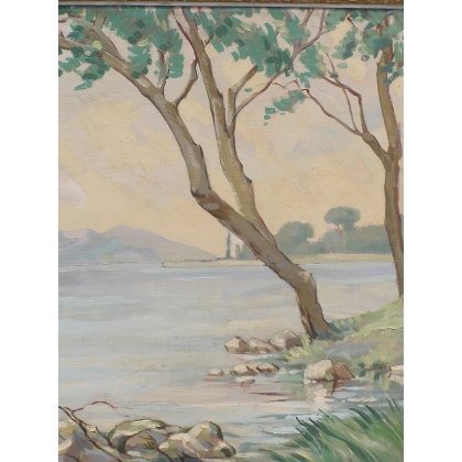 Paintings | Painting entitled ‘Landscape and Lakeside’ by Moinat SA  – Antiques and home décor
