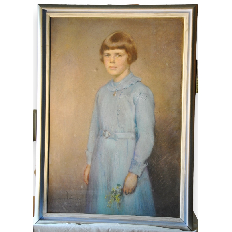 Pastel "Jeune fille en robe bleue"  sur Moinat SA  - Antiquités décoration -  Gouaches, Aquarelles, Pastels