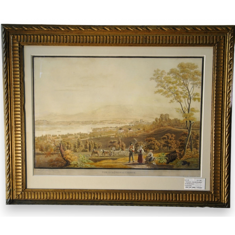  Gravure aquarellée "Vue de la Ville de sur  Moinat SA  - Antiquités décoration