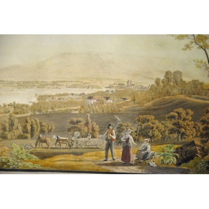  Gravure aquarellée "Vue de la Ville de sur  Moinat SA  - Antiquités décoration