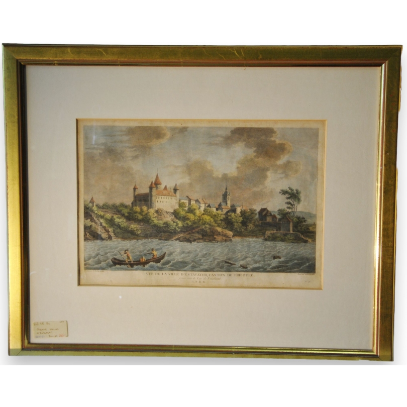 Engraving: ‘View of the town of Estavayer’, by Moinat SA – Antiques and decorative items – Engravings, lithographs