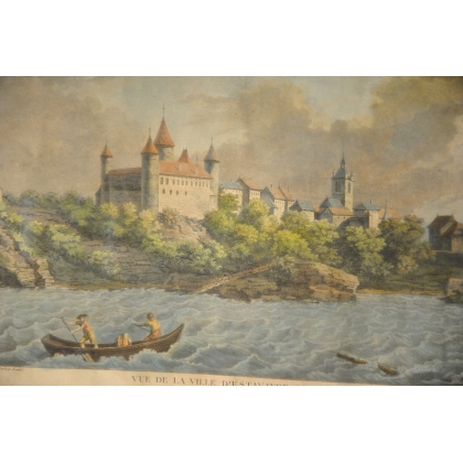 Engraving: ‘View of the town of Estavayer’, by Moinat SA – Antiques and decorative items – Engravings, lithographs
