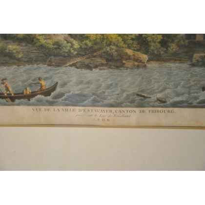 Engraving: ‘View of the town of Estavayer’, by Moinat SA – Antiques and decorative items – Engravings, lithographs