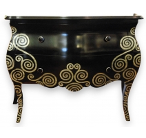 Commode galbée laquée noir avec décor argenté