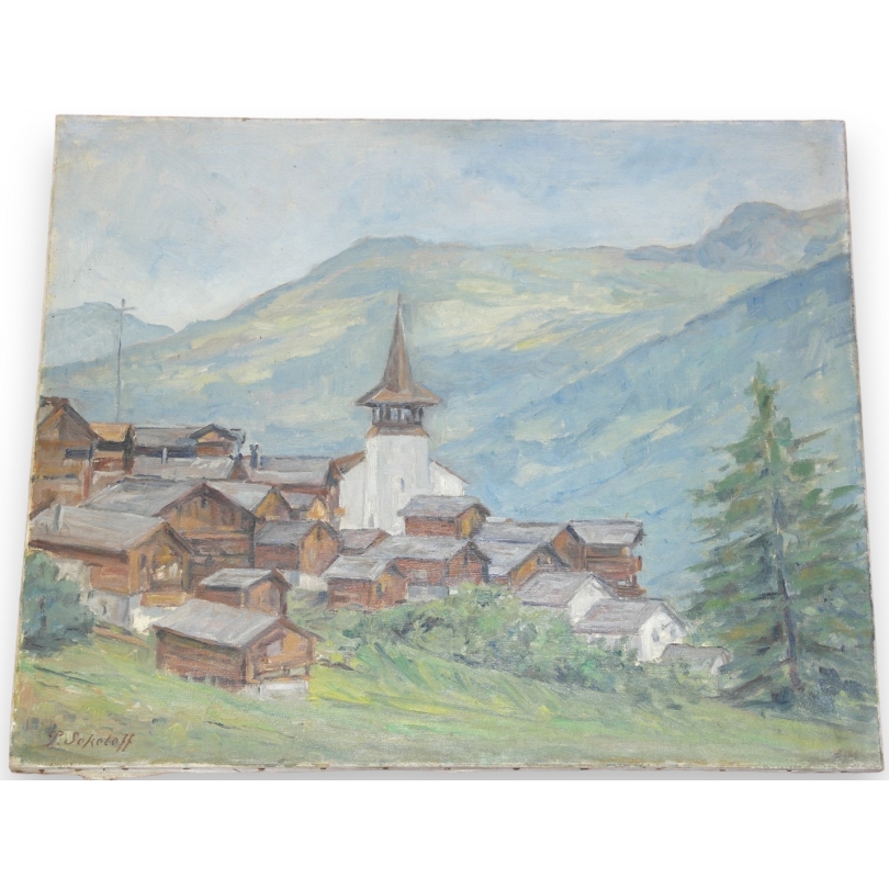 Paintings | Painting entitled ‘Grimentz’, signed SOKOLOFF. Moinat SA  – Antiques and home décor