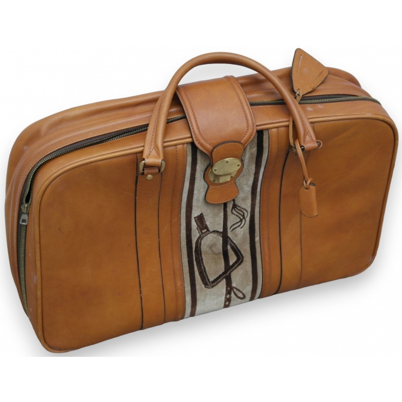  Valise en cuir Havane avec bandeau en sur  Moinat SA  - Antiquités décoration