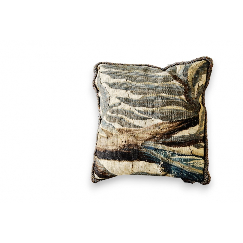 Cushion featuring the antique tapestry ‘Verdure’ at Moinat SA – Antiques and home décor