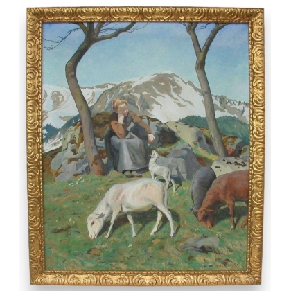 Tableau "Bergère sur l'Alpe", signé WIDMER.