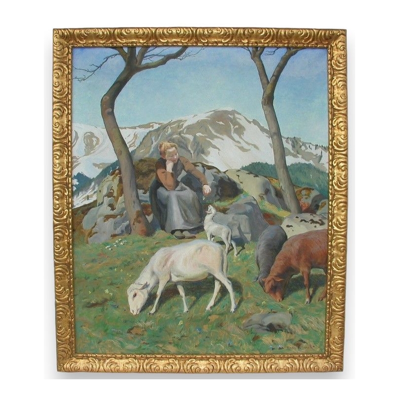 Tableau "Bergère sur l'Alpe", signé WIDMER.