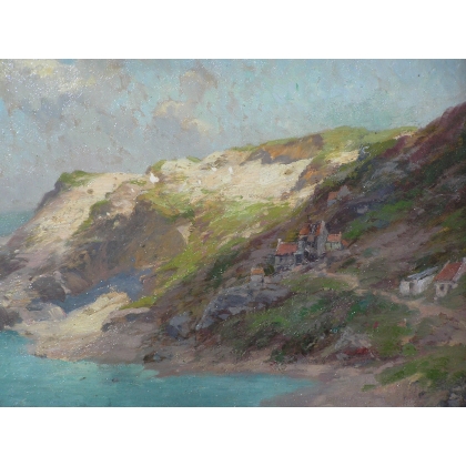 Paintings | Painting: ‘Village amongst the cliffs in Moinat SA’ – Antiques and home décor