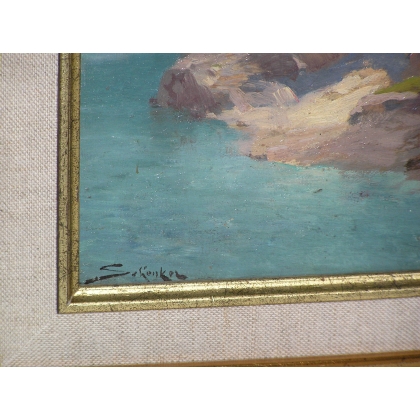 Paintings | Painting: ‘Village amongst the cliffs in Moinat SA’ – Antiques and home décor