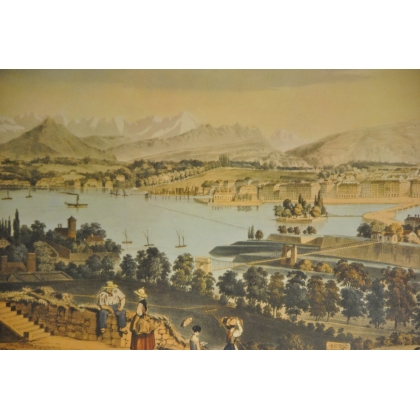 Gravure "Vue générale de Genève"  sur Moinat SA  - Antiquités décoration -  Gravures, Lithos