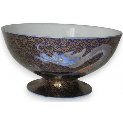 Bol à fond bleu, décor doré avec dragon