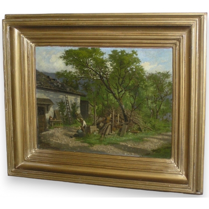 Tableau Huile sur carton \"Une ferme à