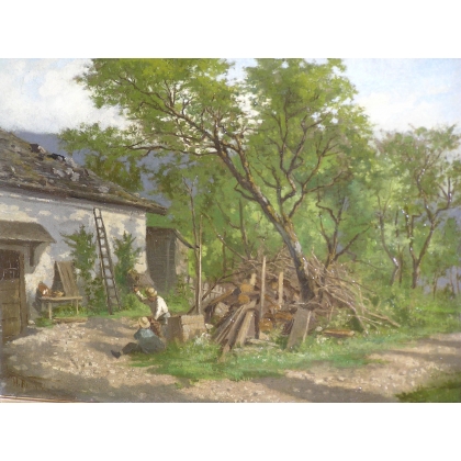 Paintings | Oil on cardboard painting: ‘A Farm in Moinat SA’ – Antiques and Decor