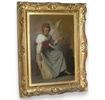 Tableau "Femme filant", monogrammé V.M.