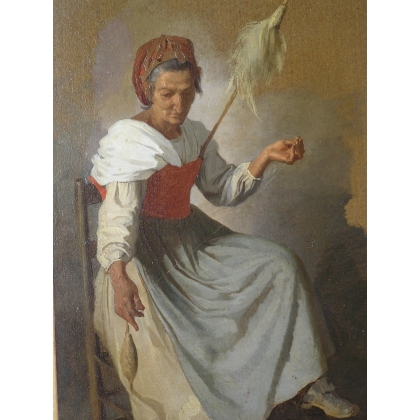 Paintings | Painting entitled ‘Woman Spinning’, monogrammed V.M. Moinat SA  – Antiques and home décor