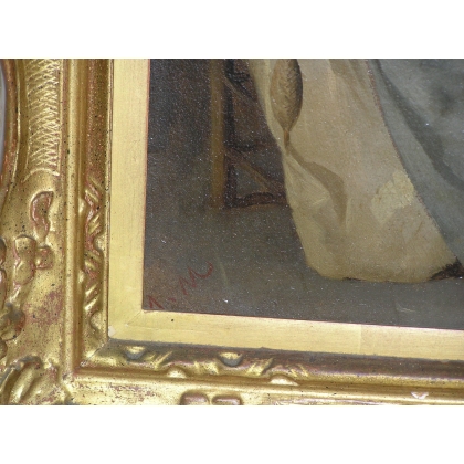 Paintings | Painting entitled ‘Woman Spinning’, monogrammed V.M. Moinat SA  – Antiques and home décor