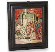 Tableau fixé sous verre scène religieuse