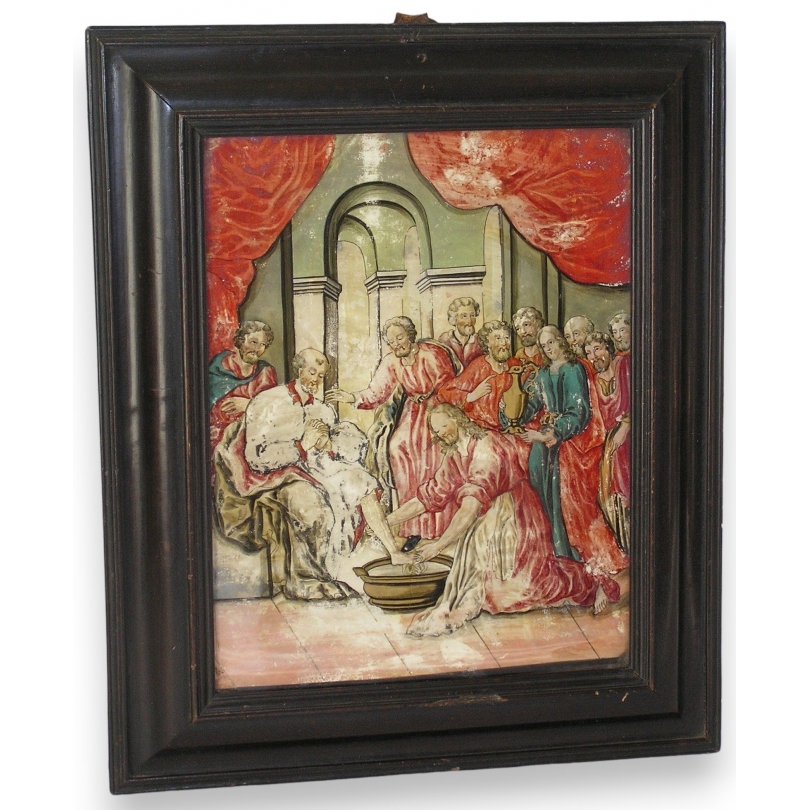 Tableau fixé sous verre scène religieuse