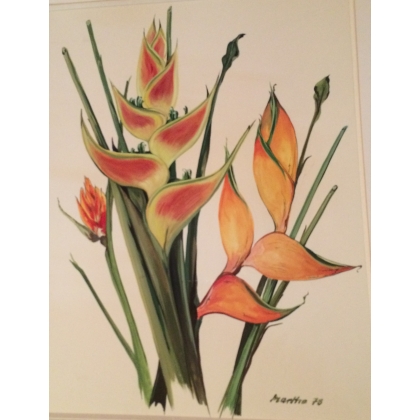 "Heliconia" floral watercolour, signed, by Moinat SA – Antiques and decorative items – Gouaches, watercolours, pastels