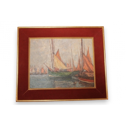 Huile sur toile Suisse \"Bateaux\" de