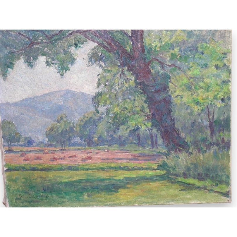 Huile sur toile Suisse "Champ de blé"
