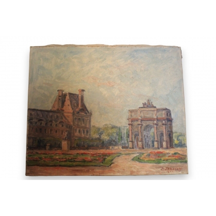 Huile sur toile \"Les Tuileries\" signée