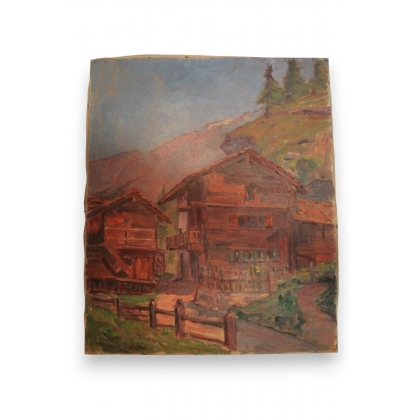Huile sur toile Suisse \"Mazots\" de Paul