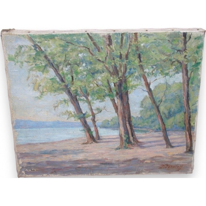 Huile sur toile Suisse \"Plage de Sciez,