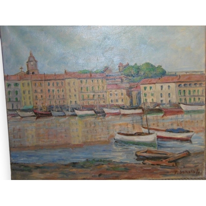 Huile sur toile \"Port\" signée P.