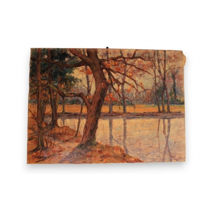 Huile sur toile \"Étang en automne\"