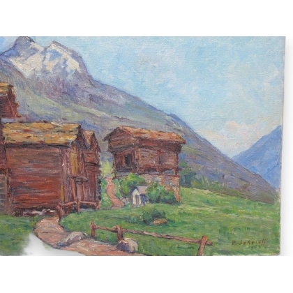 Huile sur toile \"Chalets au dessus de Zermatt\"