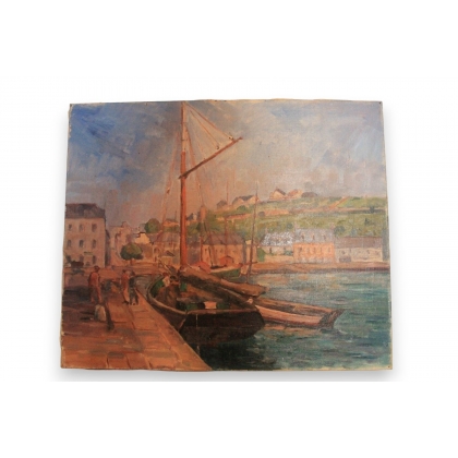 Huile sur toile \"Audierne 10 sept 1929\"