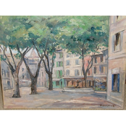 Huile sur toile \"Avignon, Place des
