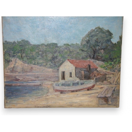 Huile sur toile \"Cabanon en bord de