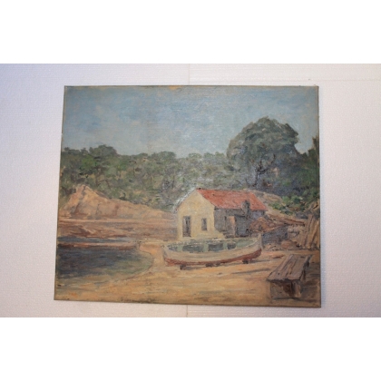 Paintings | Oil on canvas "Cabanon on the banks of the Moinat SA" – Antiques and home décor
