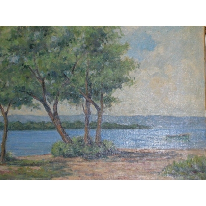 Huile sur toile Suisse \"Bord du lac
