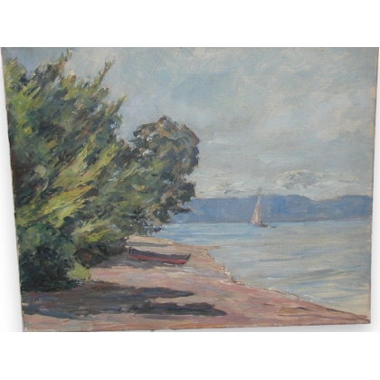 Huile sur toile Suisse \"Voilier sur le