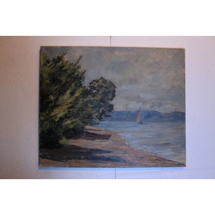 Paintings | Swiss oil on canvas: ‘Sailing Boat on the Moinat’ SA – Antiques and home décor