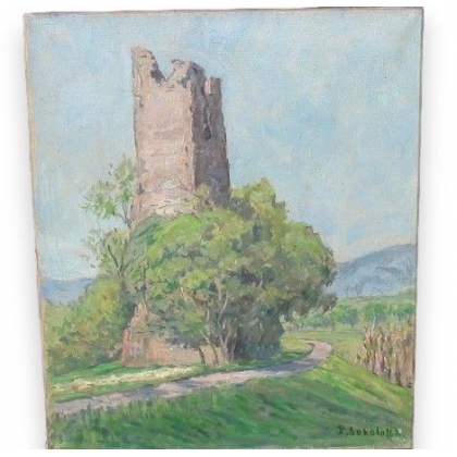 Huile sur toile \"Tour abandonnée 20 mai