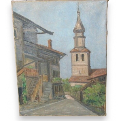 Huile sur toile \"Clocher\" Suisse de