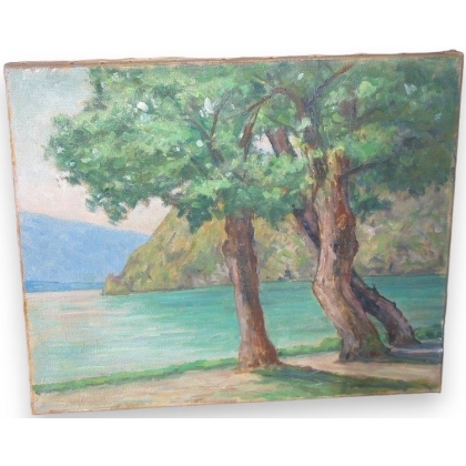 Huile sur toile \"Arbres au bord de